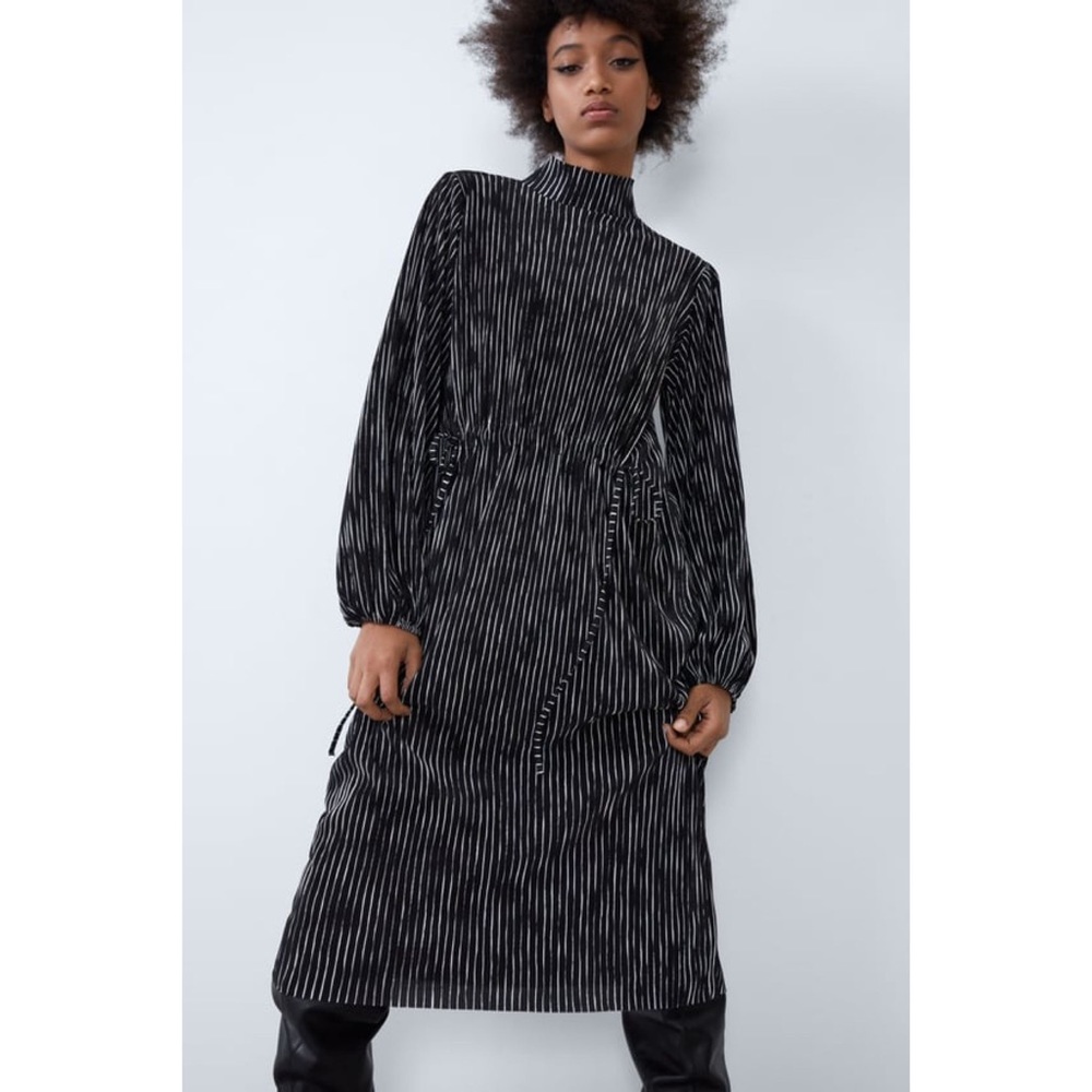 NWT ZARA Mock neck Tight Pleat Midi Dress With Drawstring Waist